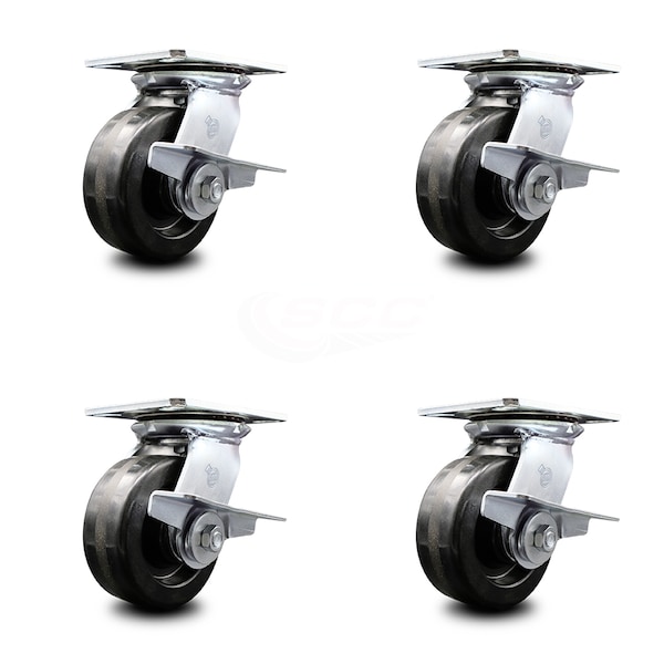 5 Inch Heavy Duty Phenolic Caster Set with Roller Bearings and Brakes SCC